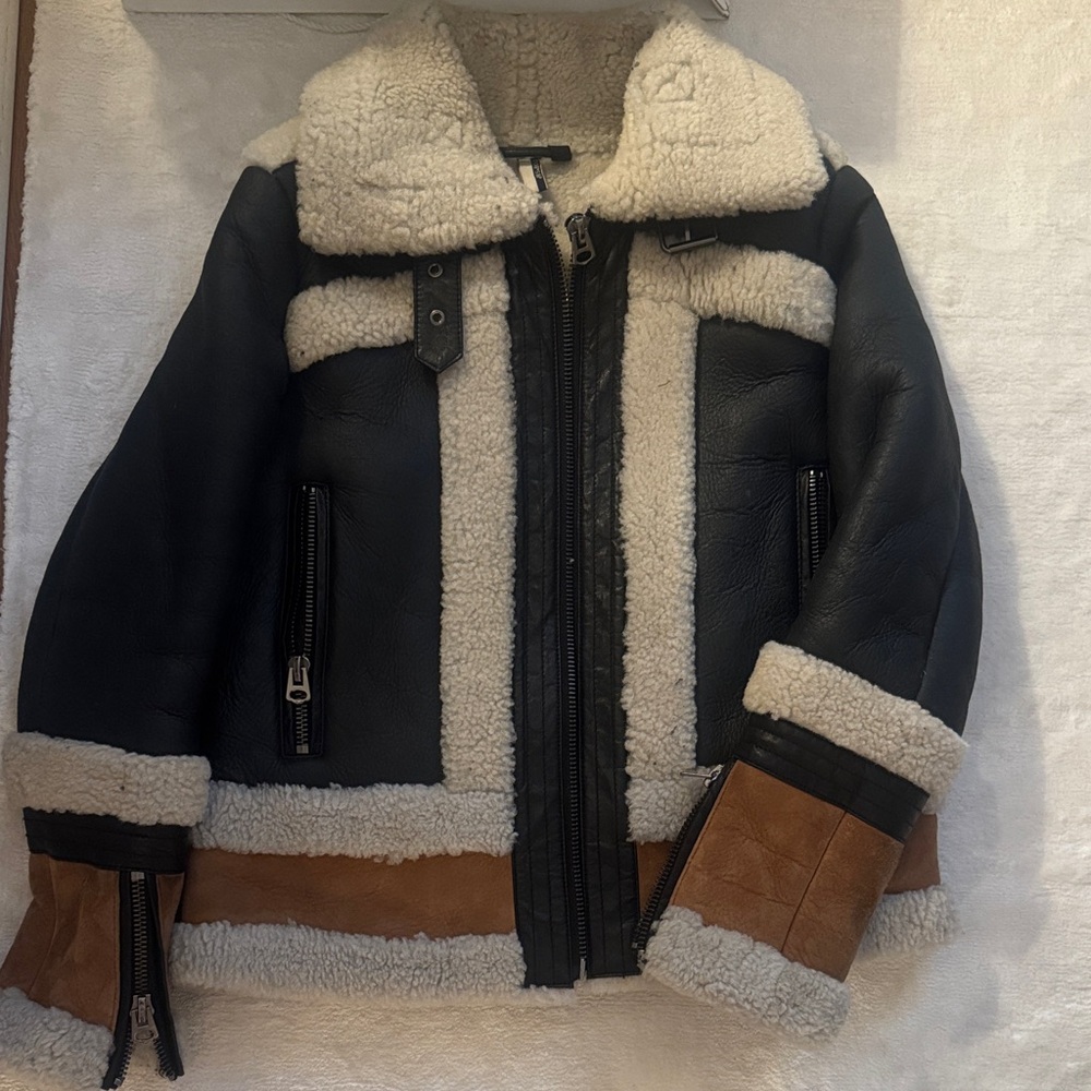 TOPSHOP Shearling Lined Black and Brown Jacket